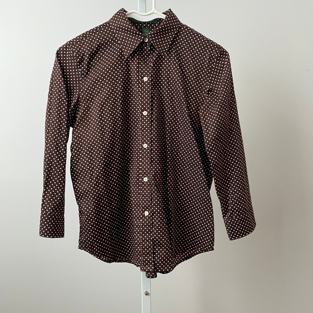 Lauren Ralph Lauren Preppy Minimalist SP Brown Polka Dot Button Shirt Blouse Top